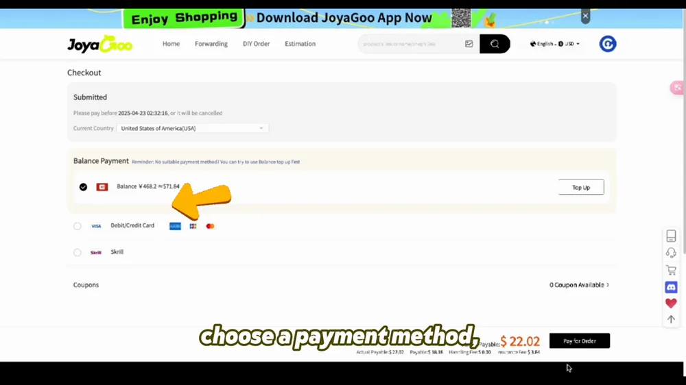 Joyagoo official walkthrough step 4 — Choose shipping and pay